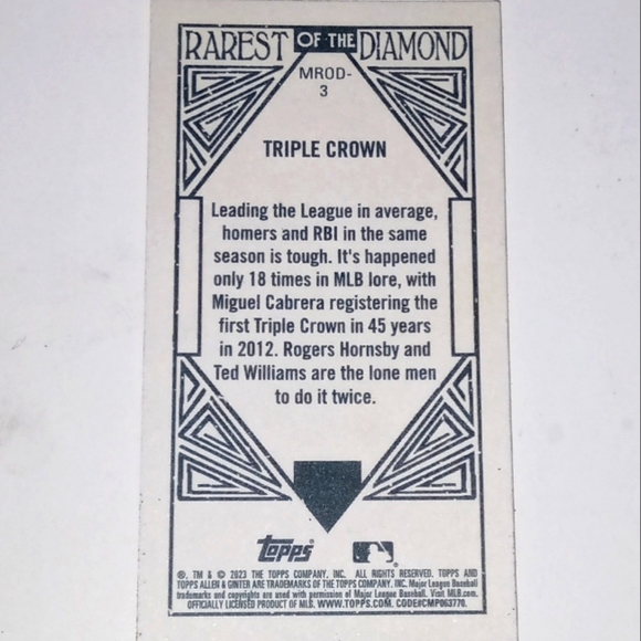 Rarest Of The Diamond Triple Crown Mini Card Topps Allen & Ginter 2023 #MROD-3 - Picture 2 of 2